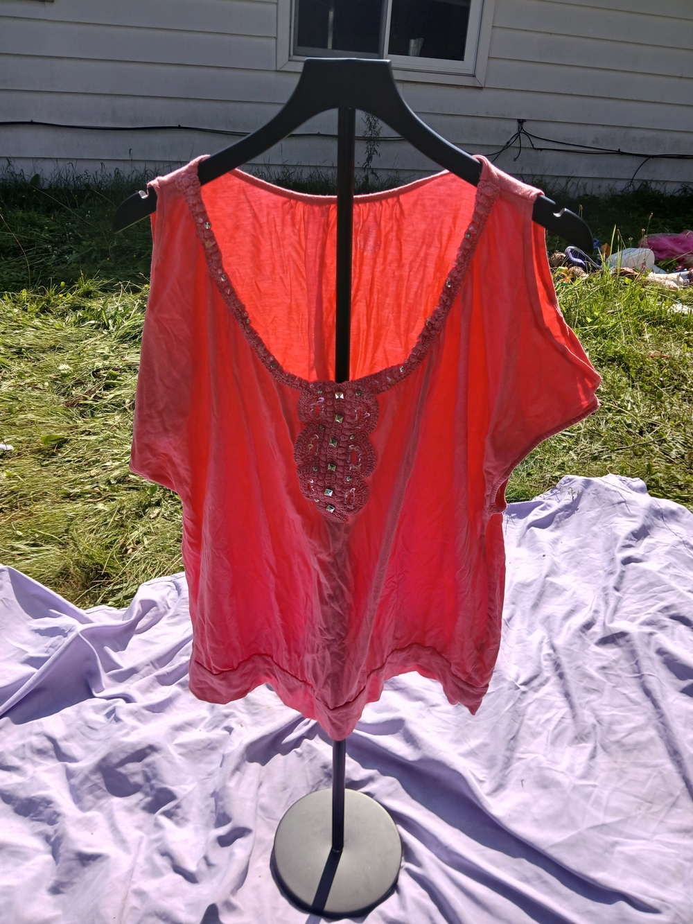 Womens Coral Embellished Cold-Shoulder Top